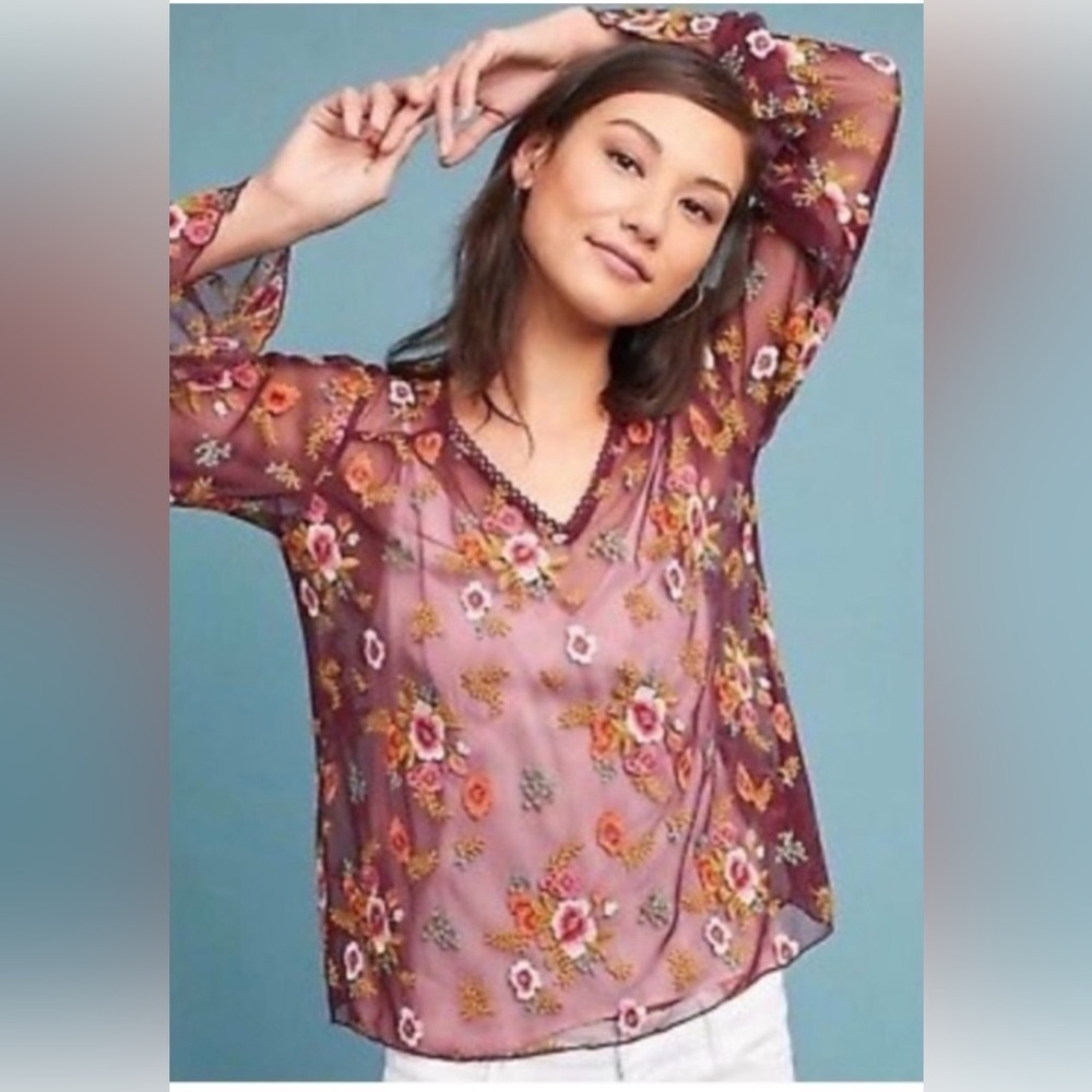 The Feather Bone Anthropologie Blouse in Medium is a stunning burgundy sheer top
